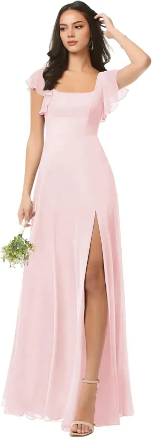 Spring Floral Bridesmaid Dresses for Women with Slit Flutter Sleeve Formal Dress Square Neck Wedding Guest Dresses