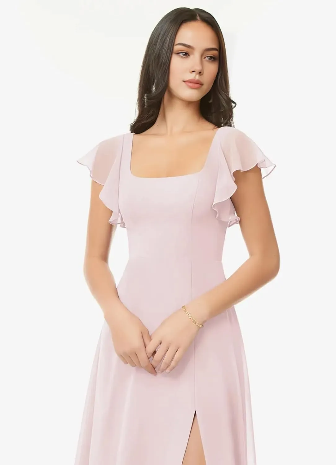 Spring Floral Bridesmaid Dresses for Women with Slit Flutter Sleeve Formal Dress Square Neck Wedding Guest Dresses