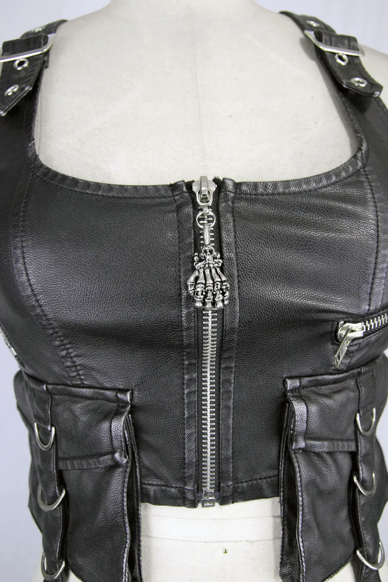 Steampunk Short PU Leather Vests for Women / Sleeveless Waistcoat with Pockets and Zipper