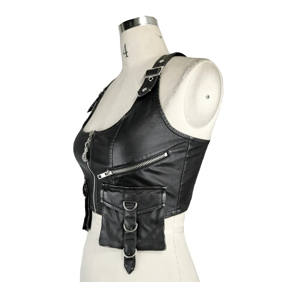 Steampunk Short PU Leather Vests for Women / Sleeveless Waistcoat with Pockets and Zipper