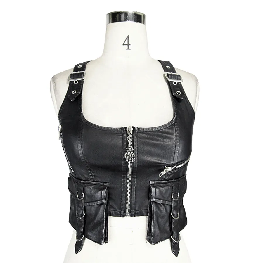 Steampunk Short PU Leather Vests for Women / Sleeveless Waistcoat with Pockets and Zipper