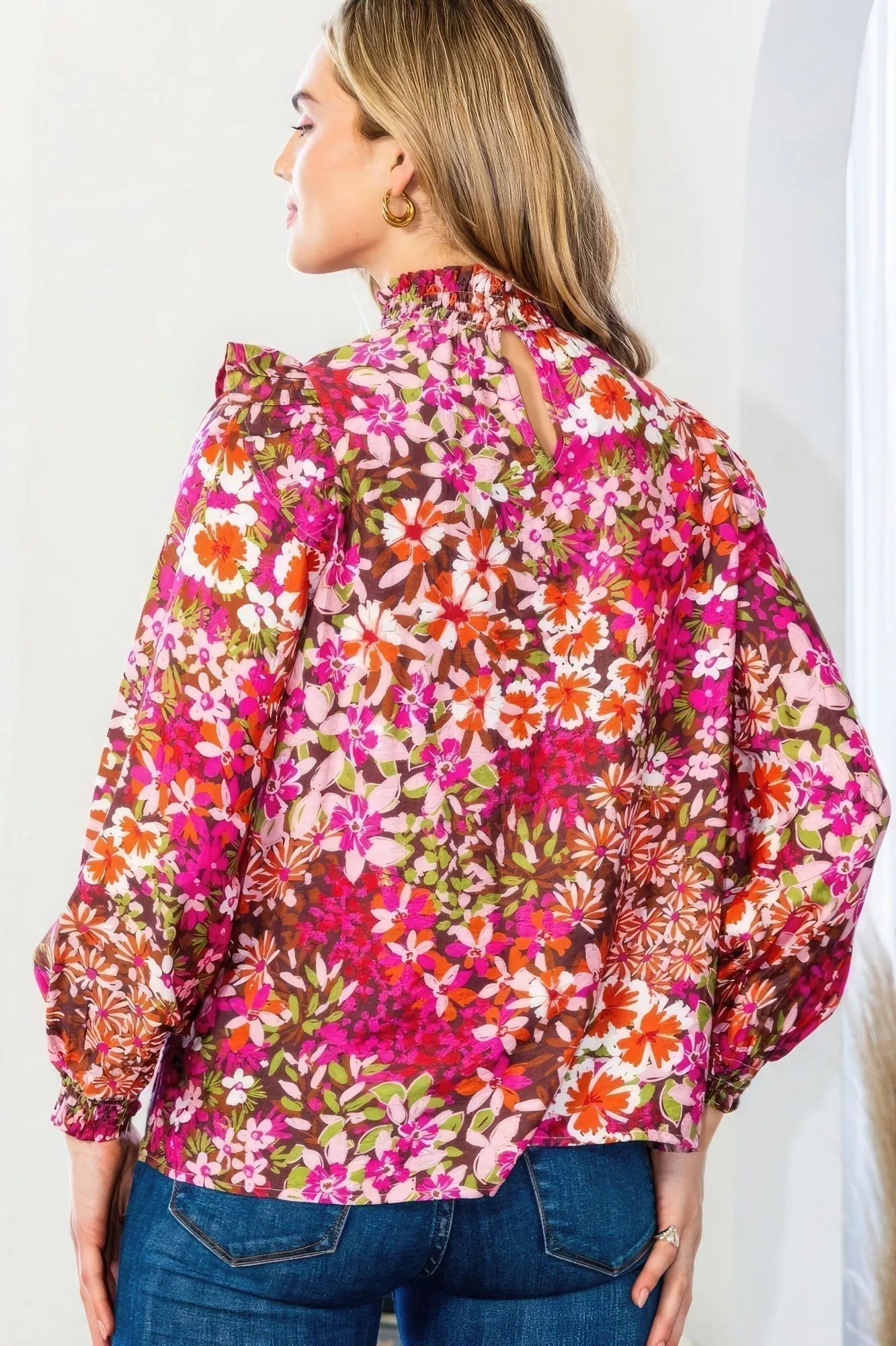 Stylish Dark Pink Floral Mock Neck Blouse for Women