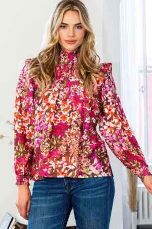 Stylish Dark Pink Floral Mock Neck Blouse for Women