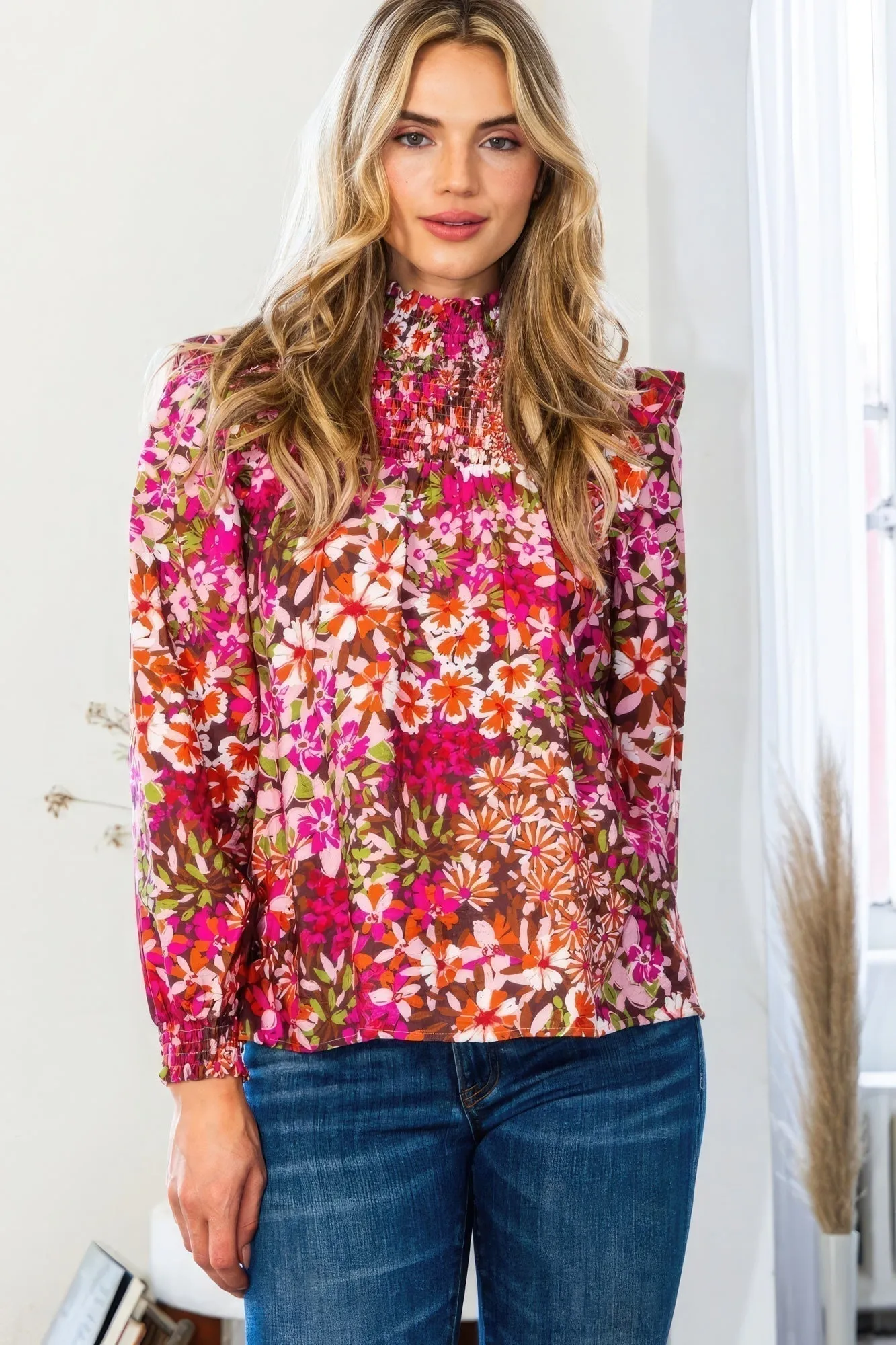 Stylish Dark Pink Floral Mock Neck Blouse for Women