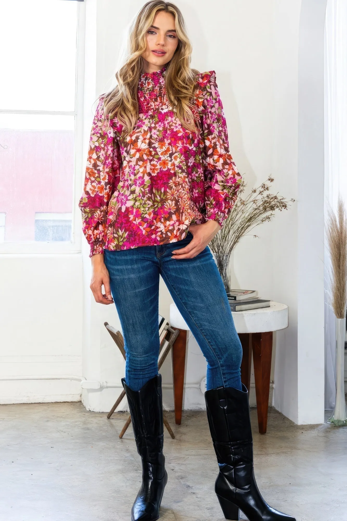 Stylish Dark Pink Floral Mock Neck Blouse for Women