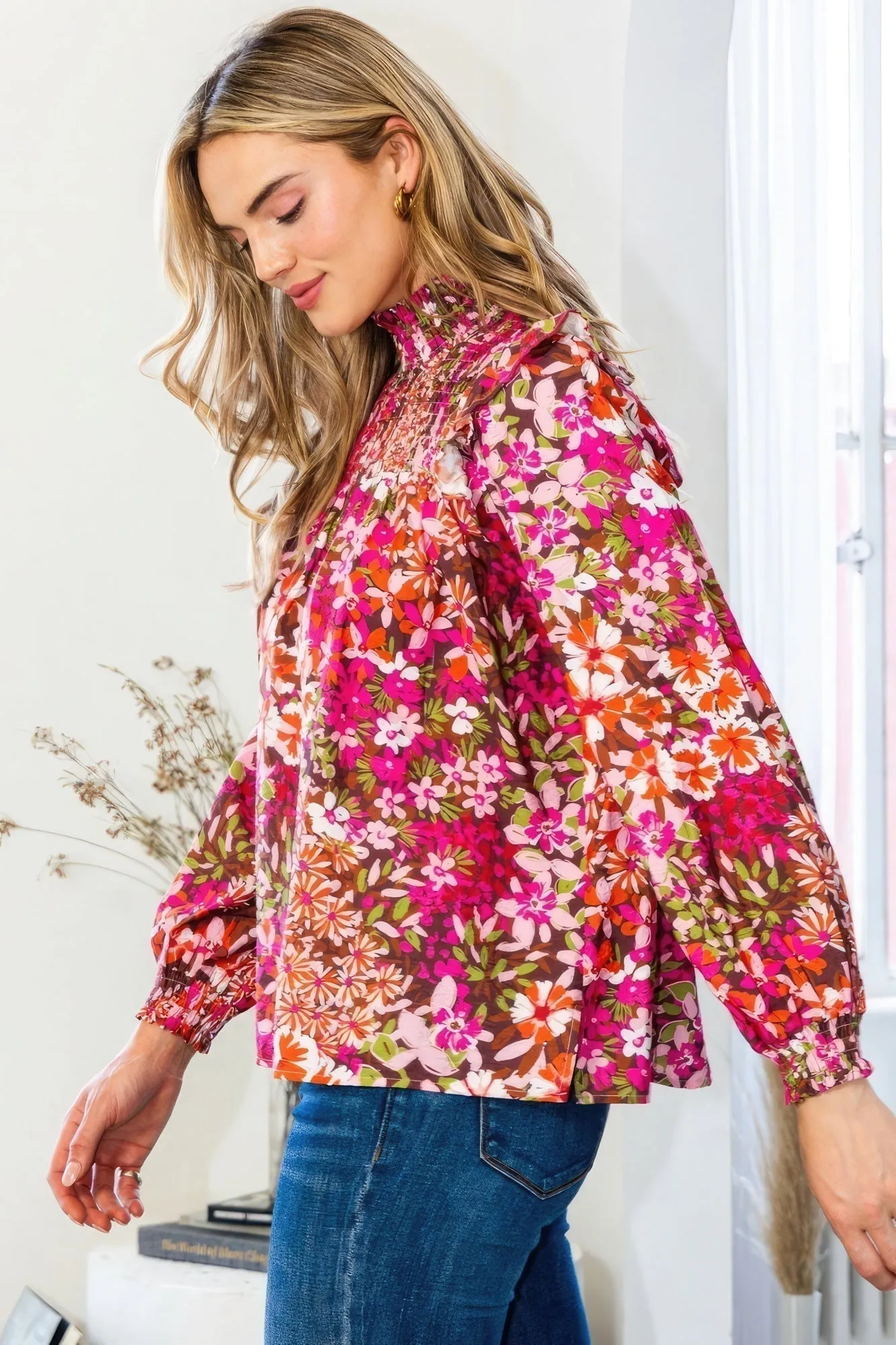 Stylish Dark Pink Floral Mock Neck Blouse for Women