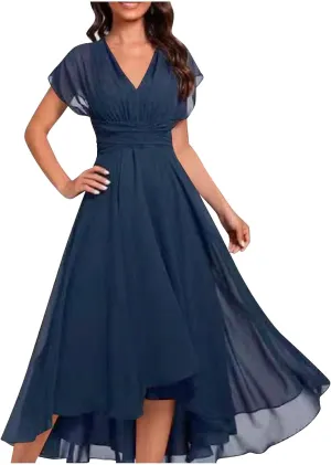 Summer Cocktail Dresses for Women Plus Size Short Sleeve V Neck Ruched High Waist A Line Midi Dress Wedding Guest Dress