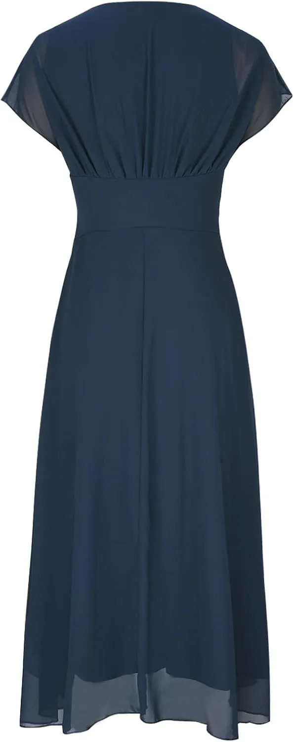 Summer Cocktail Dresses for Women Plus Size Short Sleeve V Neck Ruched High Waist A Line Midi Dress Wedding Guest Dress
