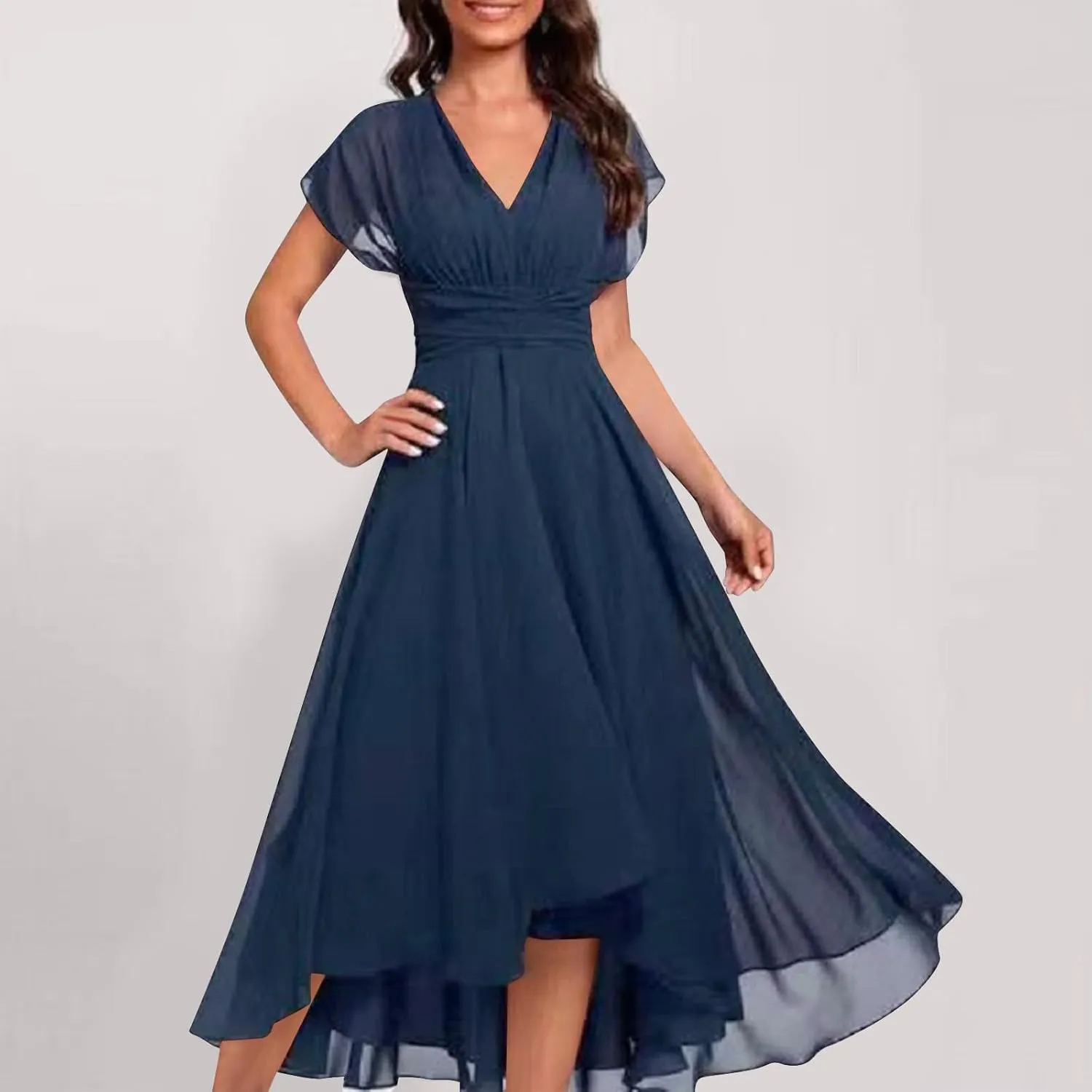 Summer Cocktail Dresses for Women Plus Size Short Sleeve V Neck Ruched High Waist A Line Midi Dress Wedding Guest Dress