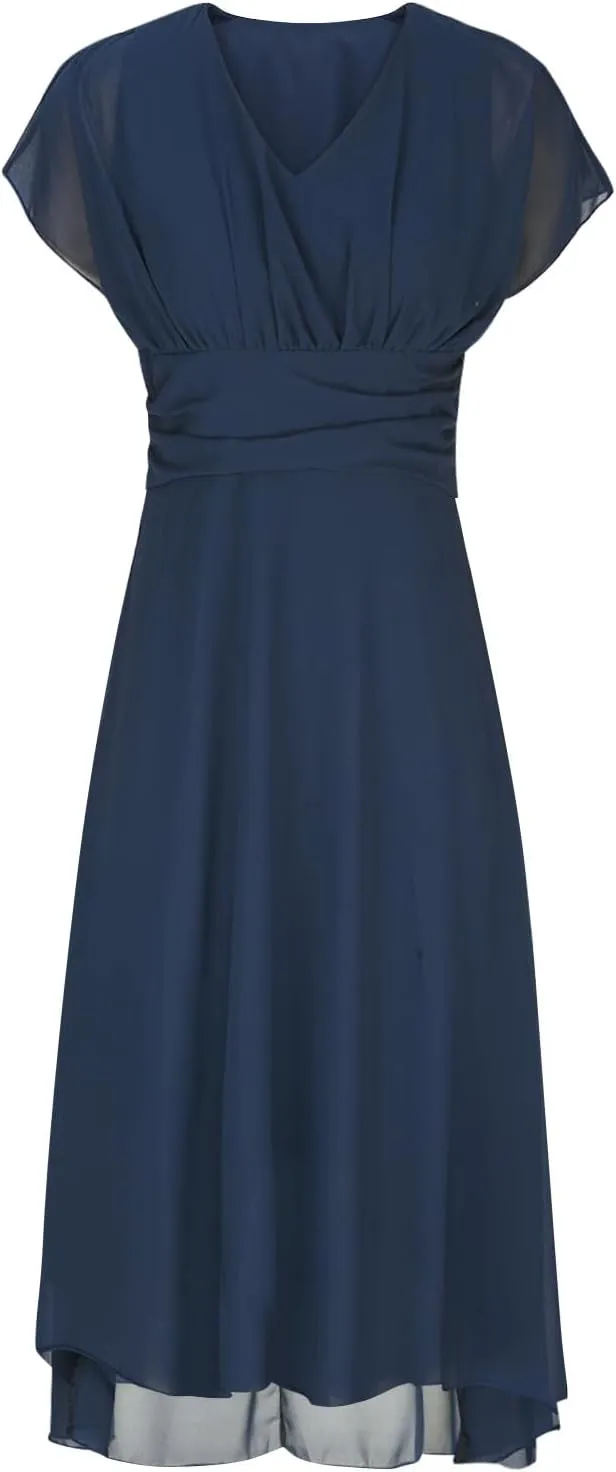 Summer Cocktail Dresses for Women Plus Size Short Sleeve V Neck Ruched High Waist A Line Midi Dress Wedding Guest Dress