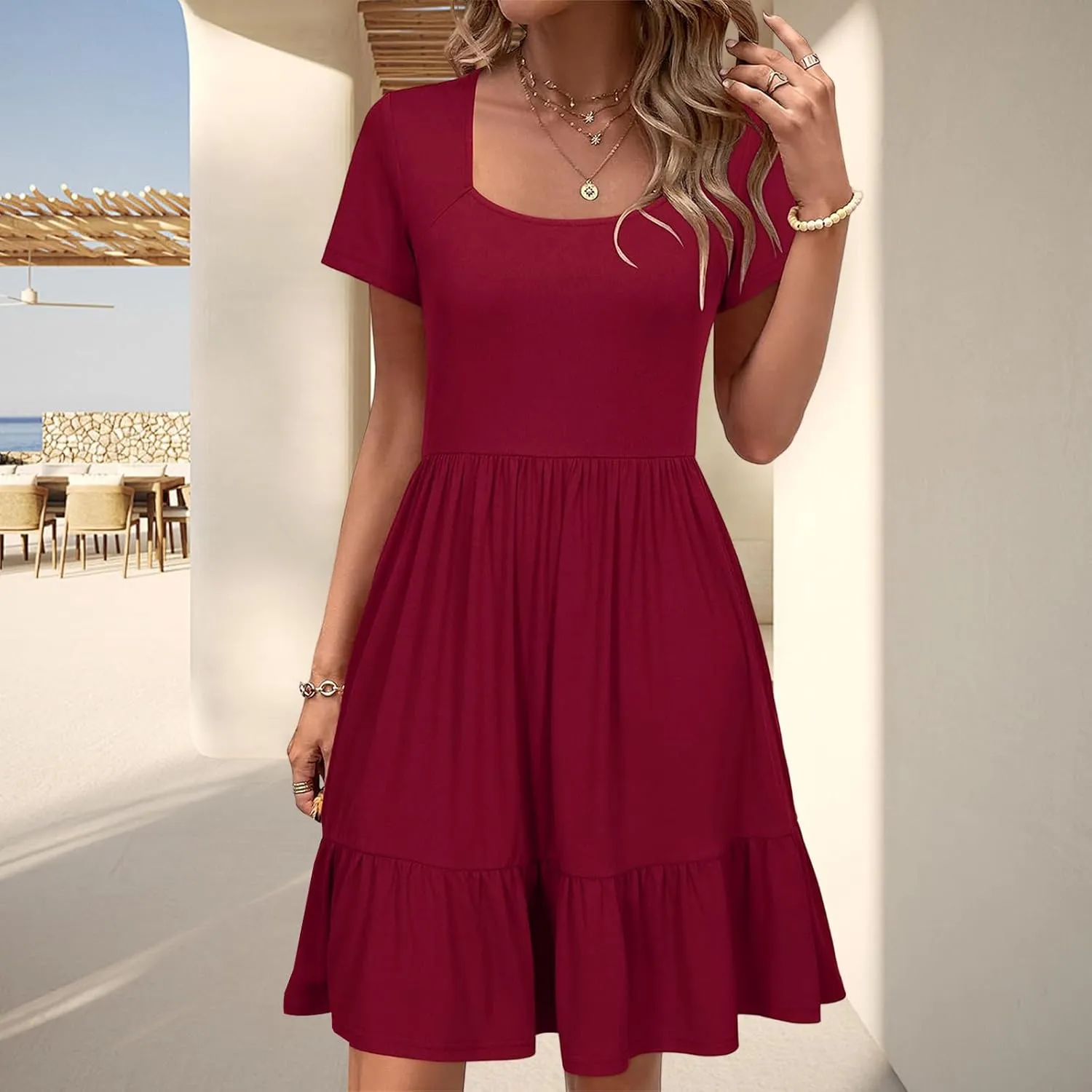 Summer Dresses for Women 2025 Short Sleeve Squared Neck Dresses High Waist A Line Ruffle Hem Mini Dress 2025