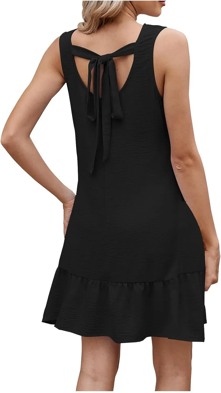 Summer Dresses for Women Casual Sleeveless Flowy Ruffle Hem A Line Mini Tank Dress Tie Backless Beach Vacation Sundress