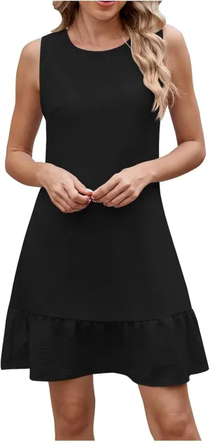 Summer Dresses for Women Casual Sleeveless Flowy Ruffle Hem A Line Mini Tank Dress Tie Backless Beach Vacation Sundress