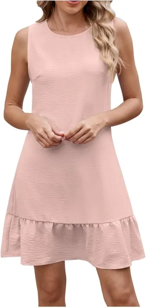 Summer Dresses for Women Casual Sleeveless Flowy Ruffle Hem A Line Mini Tank Dress Tie Backless Beach Vacation Sundress