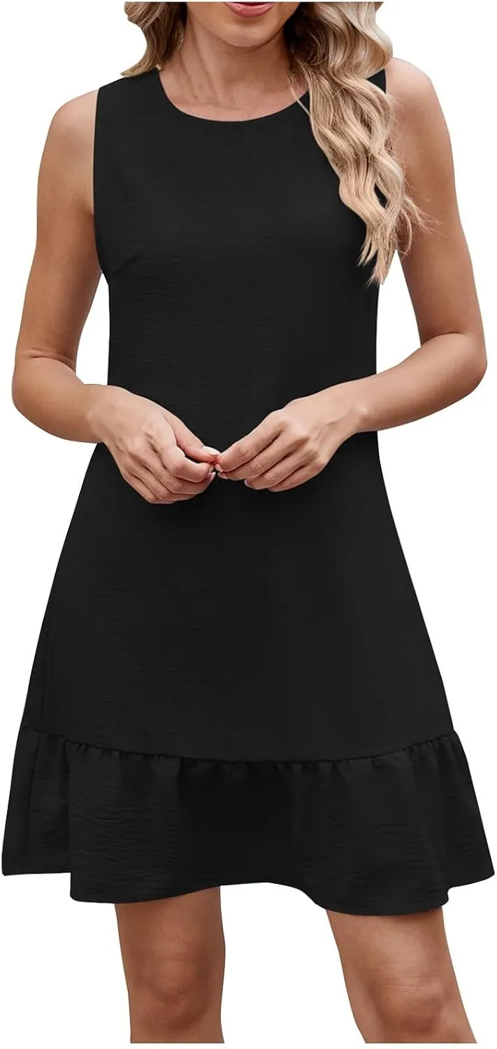 Summer Dresses for Women Casual Sleeveless Flowy Ruffle Hem A Line Mini Tank Dress Tie Backless Beach Vacation Sundress