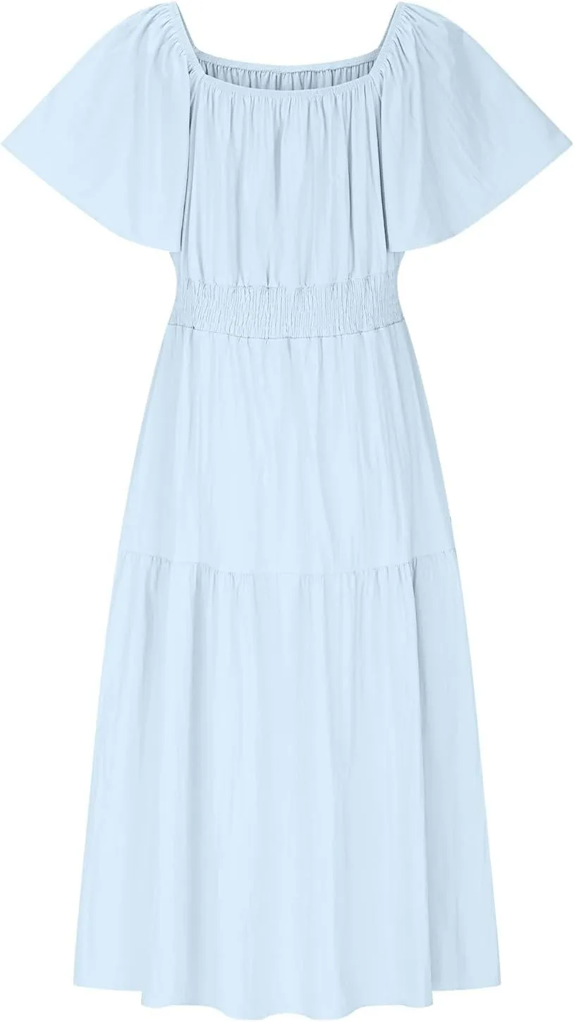 Summer Elegant Dresses for Women Short Sleeve Square Neck Smocked Waist Pleated Tiered Flowy Swing Midi Ruffle Dress