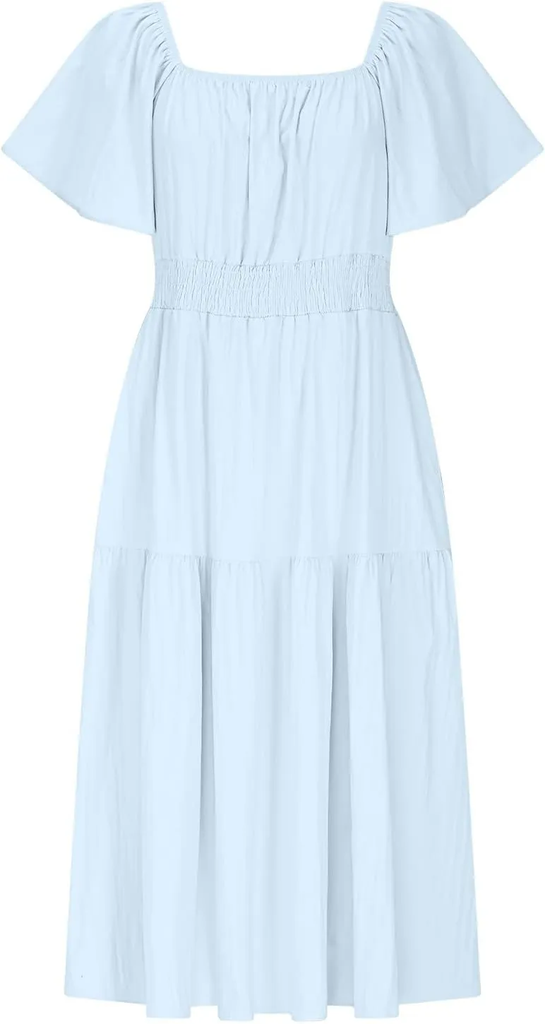 Summer Elegant Dresses for Women Short Sleeve Square Neck Smocked Waist Pleated Tiered Flowy Swing Midi Ruffle Dress