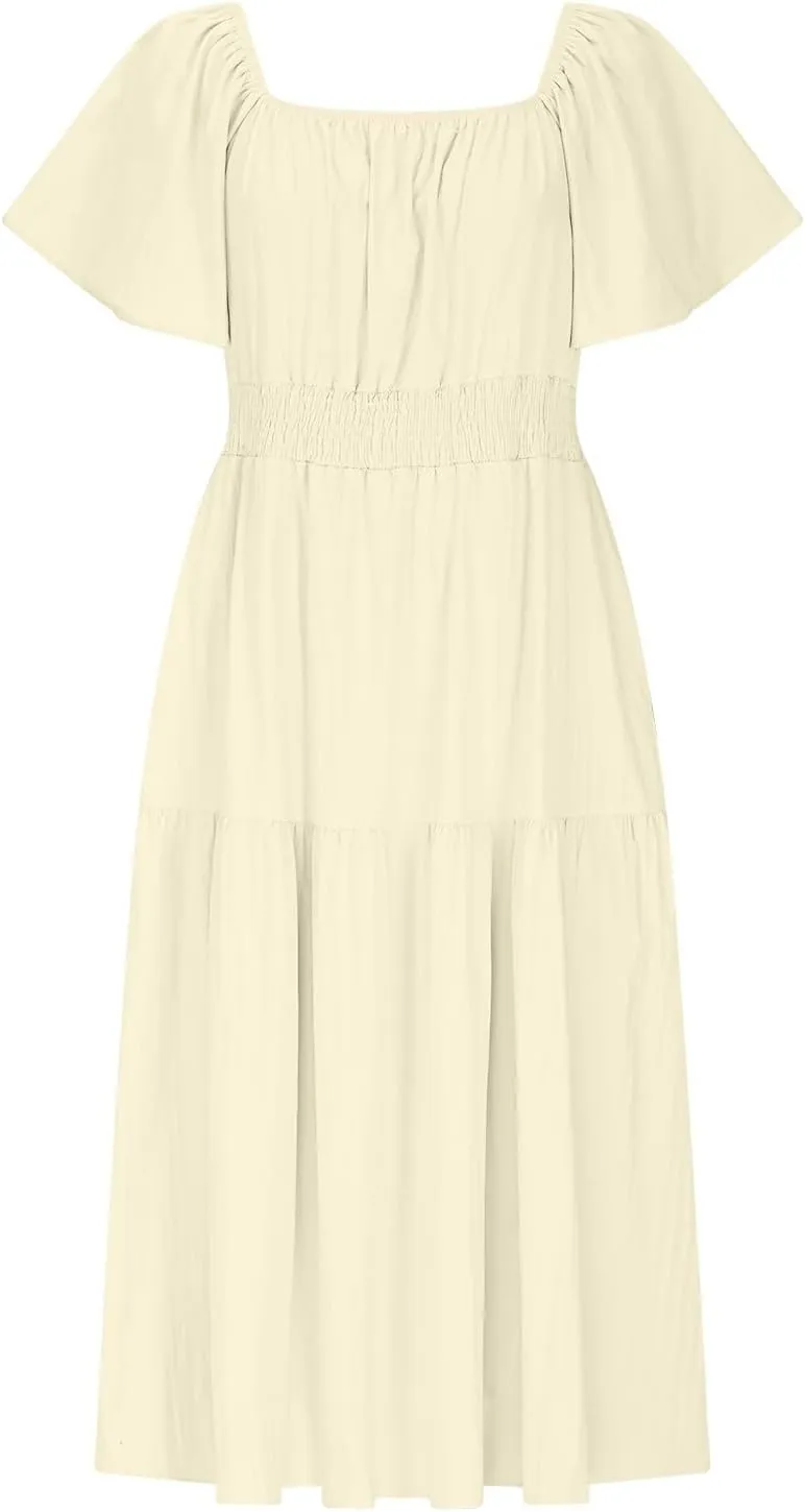 Summer Elegant Dresses for Women Short Sleeve Square Neck Smocked Waist Pleated Tiered Flowy Swing Midi Ruffle Dress