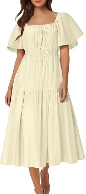 Summer Elegant Dresses for Women Short Sleeve Square Neck Smocked Waist Pleated Tiered Flowy Swing Midi Ruffle Dress