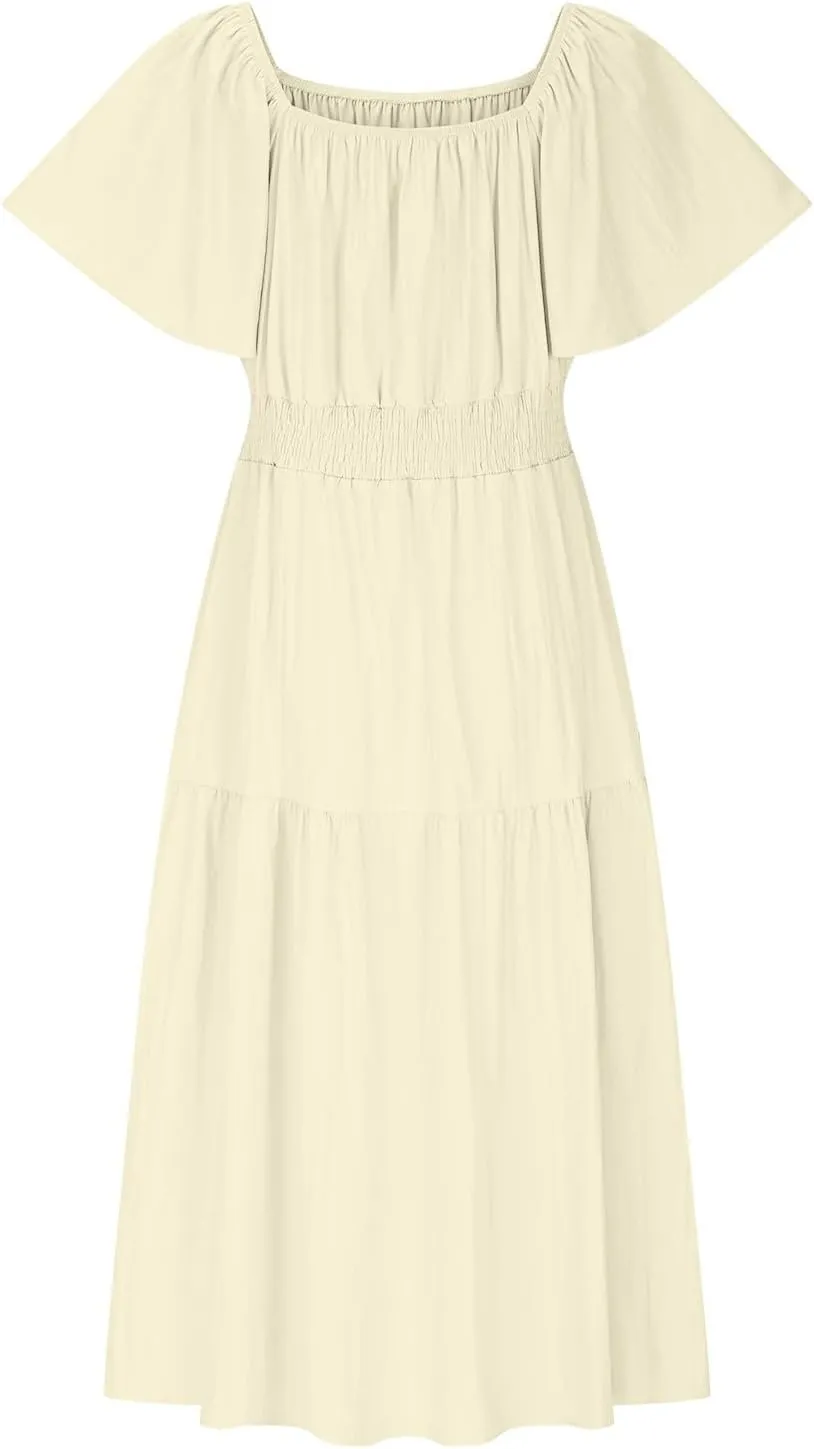 Summer Elegant Dresses for Women Short Sleeve Square Neck Smocked Waist Pleated Tiered Flowy Swing Midi Ruffle Dress