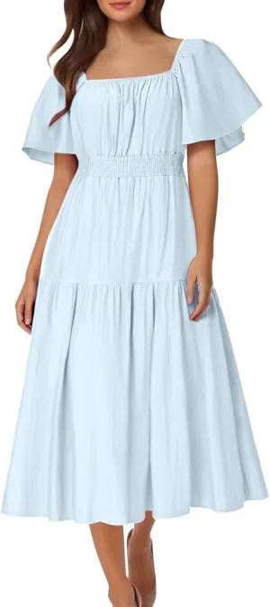 Summer Elegant Dresses for Women Short Sleeve Square Neck Smocked Waist Pleated Tiered Flowy Swing Midi Ruffle Dress