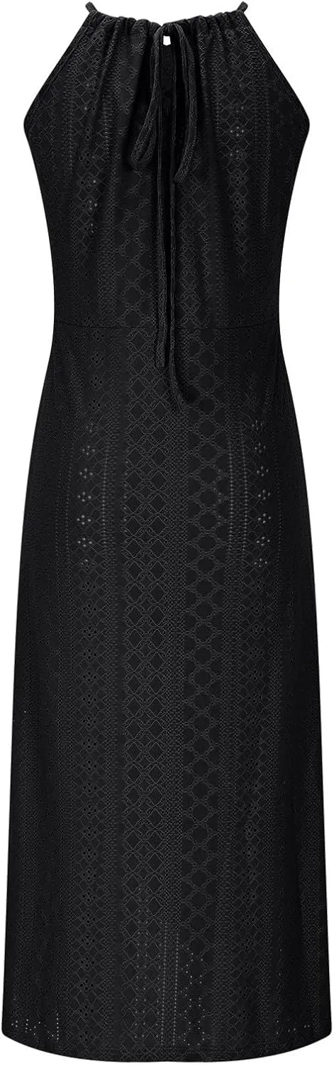 Summer Eyelet Cocktail Dresses for Women Boho Beach Sexy Hollow Out Lace Crochet Halter Ruched Split Bodycon Midi Dress