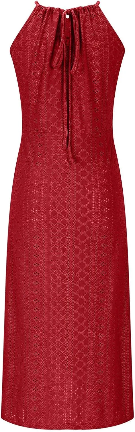 Summer Eyelet Cocktail Dresses for Women Boho Beach Sexy Hollow Out Lace Crochet Halter Ruched Split Bodycon Midi Dress