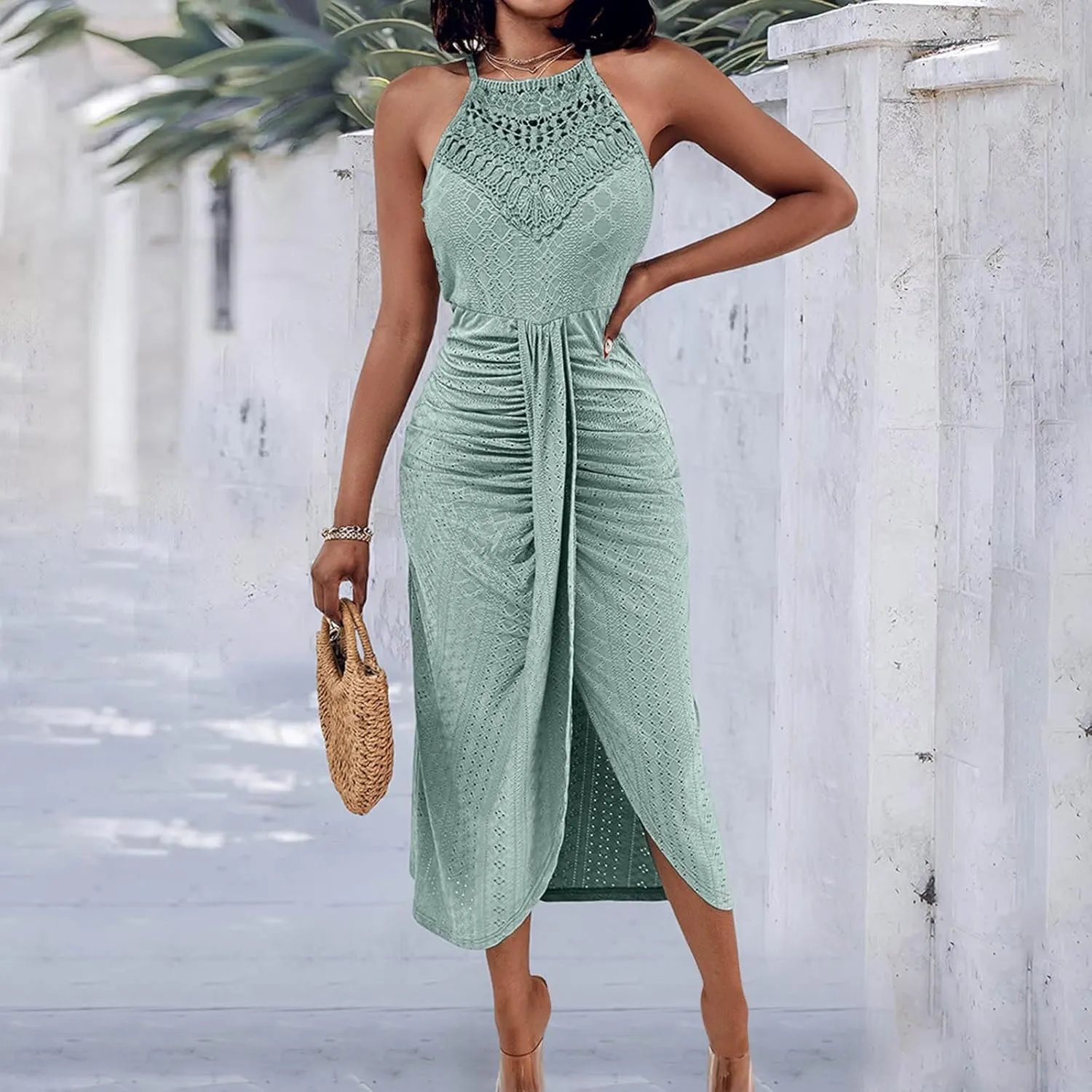 Summer Eyelet Cocktail Dresses for Women Boho Beach Sexy Hollow Out Lace Crochet Halter Ruched Split Bodycon Midi Dress