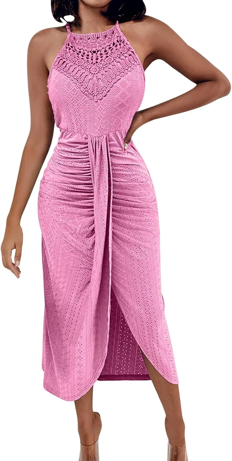 Summer Eyelet Cocktail Dresses for Women Boho Beach Sexy Hollow Out Lace Crochet Halter Ruched Split Bodycon Midi Dress