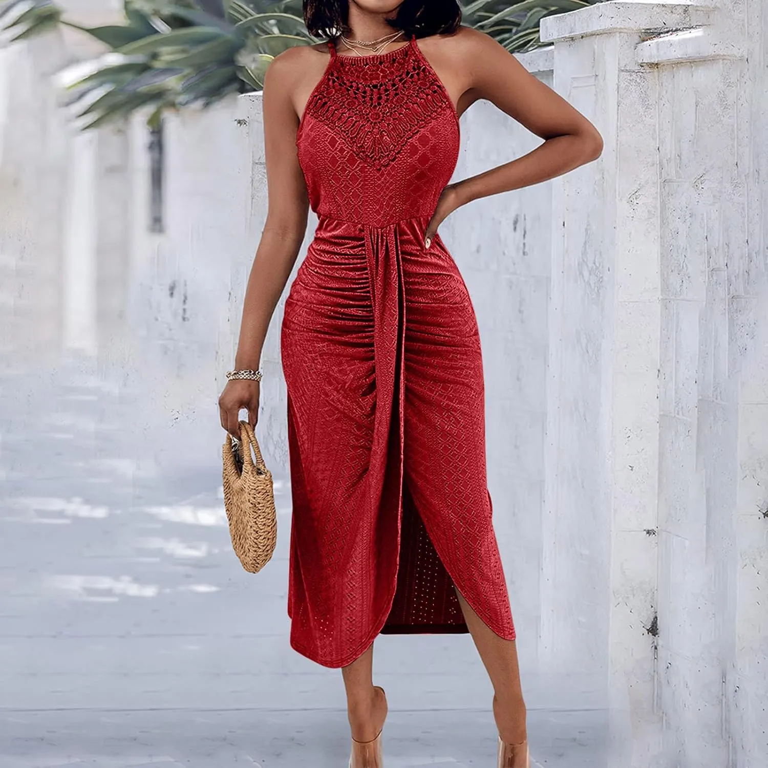 Summer Eyelet Cocktail Dresses for Women Boho Beach Sexy Hollow Out Lace Crochet Halter Ruched Split Bodycon Midi Dress