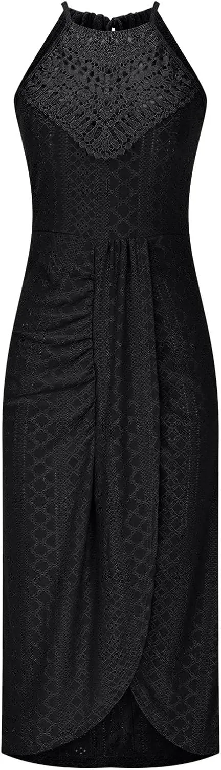 Summer Eyelet Cocktail Dresses for Women Boho Beach Sexy Hollow Out Lace Crochet Halter Ruched Split Bodycon Midi Dress
