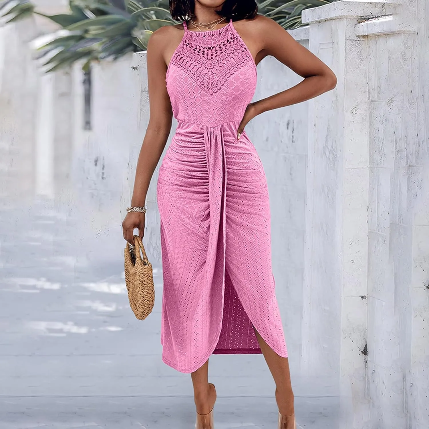 Summer Eyelet Cocktail Dresses for Women Boho Beach Sexy Hollow Out Lace Crochet Halter Ruched Split Bodycon Midi Dress
