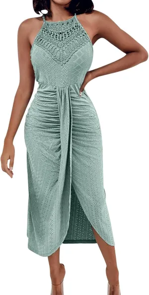 Summer Eyelet Cocktail Dresses for Women Boho Beach Sexy Hollow Out Lace Crochet Halter Ruched Split Bodycon Midi Dress