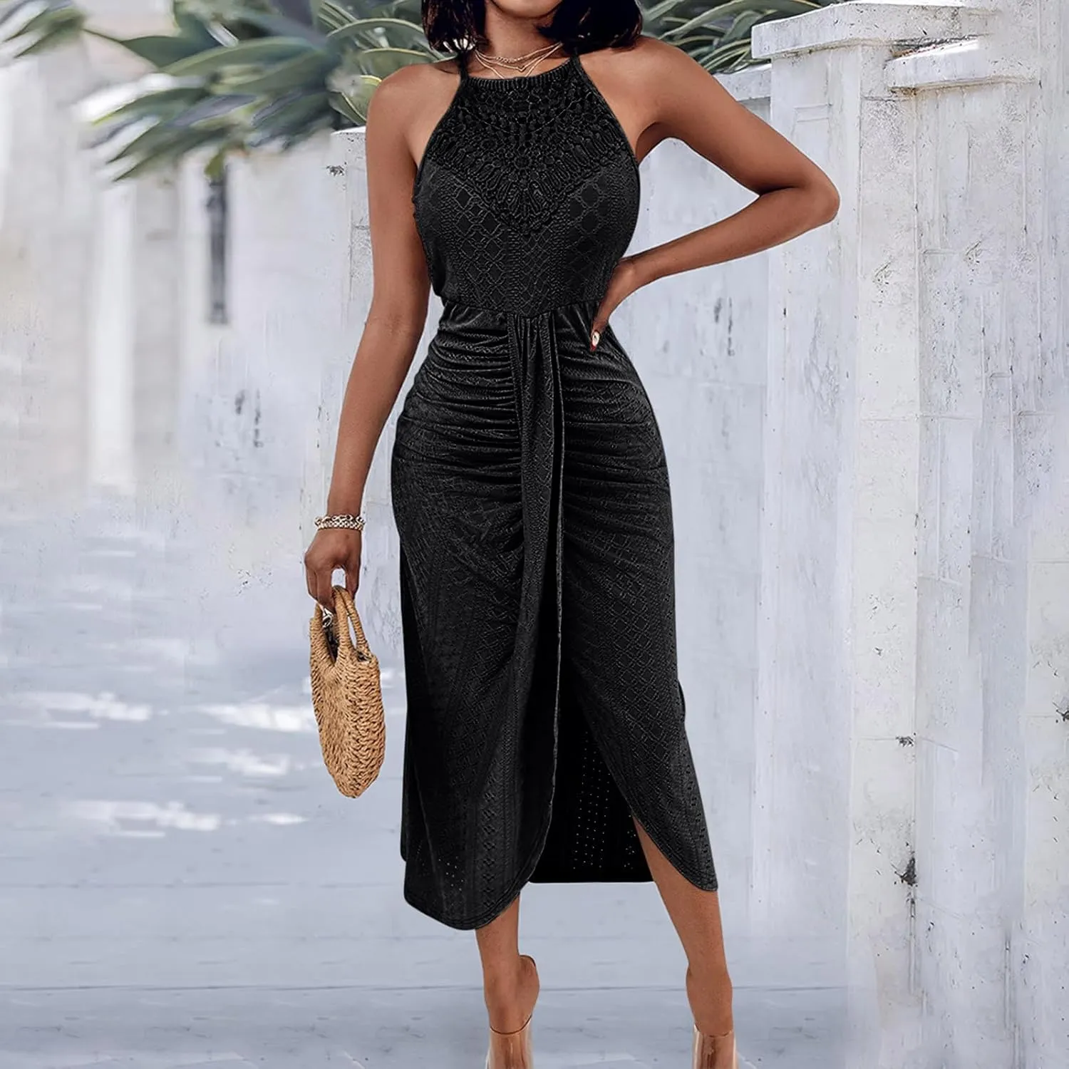 Summer Eyelet Cocktail Dresses for Women Boho Beach Sexy Hollow Out Lace Crochet Halter Ruched Split Bodycon Midi Dress