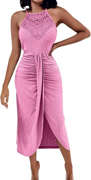 Summer Eyelet Cocktail Dresses for Women Boho Beach Sexy Hollow Out Lace Crochet Halter Ruched Split Bodycon Midi Dress