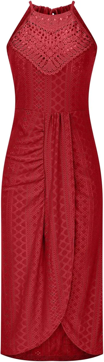 Summer Eyelet Cocktail Dresses for Women Boho Beach Sexy Hollow Out Lace Crochet Halter Ruched Split Bodycon Midi Dress