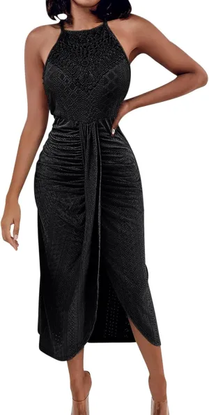 Summer Eyelet Cocktail Dresses for Women Boho Beach Sexy Hollow Out Lace Crochet Halter Ruched Split Bodycon Midi Dress