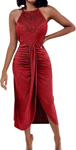 Summer Eyelet Cocktail Dresses for Women Boho Beach Sexy Hollow Out Lace Crochet Halter Ruched Split Bodycon Midi Dress