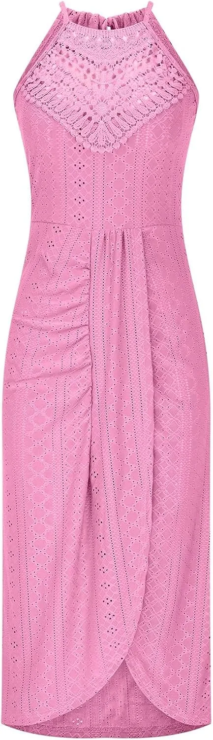 Summer Eyelet Cocktail Dresses for Women Boho Beach Sexy Hollow Out Lace Crochet Halter Ruched Split Bodycon Midi Dress