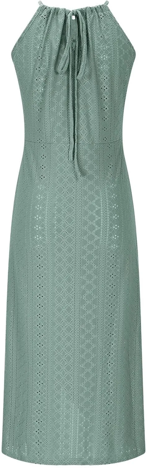 Summer Eyelet Cocktail Dresses for Women Boho Beach Sexy Hollow Out Lace Crochet Halter Ruched Split Bodycon Midi Dress