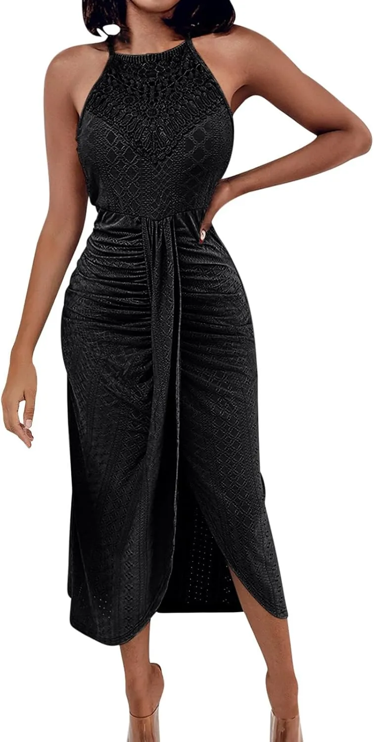 Summer Eyelet Cocktail Dresses for Women Boho Beach Sexy Hollow Out Lace Crochet Halter Ruched Split Bodycon Midi Dress
