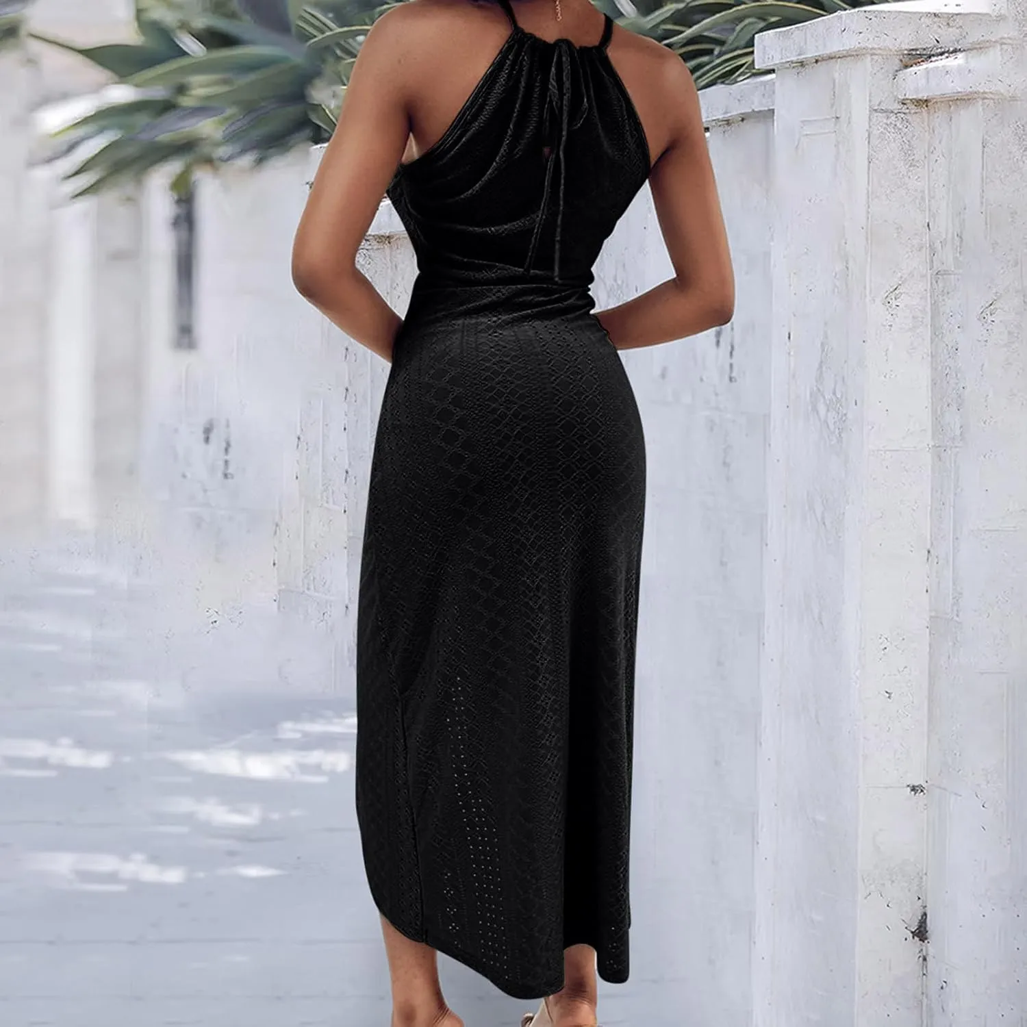 Summer Eyelet Cocktail Dresses for Women Boho Beach Sexy Hollow Out Lace Crochet Halter Ruched Split Bodycon Midi Dress