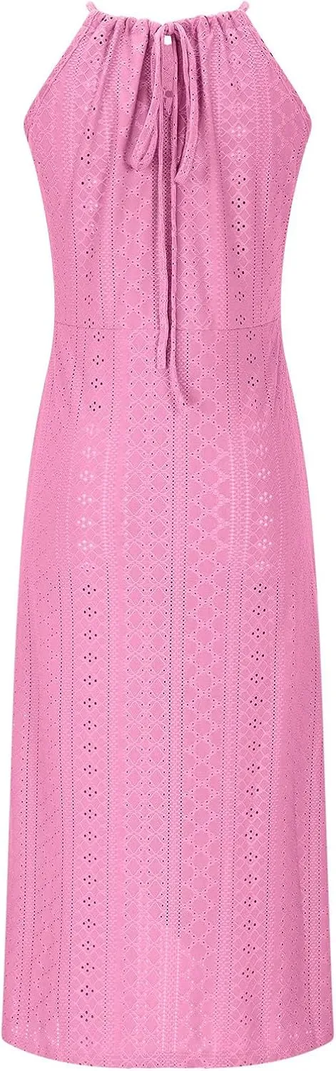 Summer Eyelet Cocktail Dresses for Women Boho Beach Sexy Hollow Out Lace Crochet Halter Ruched Split Bodycon Midi Dress