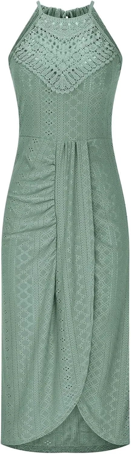Summer Eyelet Cocktail Dresses for Women Boho Beach Sexy Hollow Out Lace Crochet Halter Ruched Split Bodycon Midi Dress