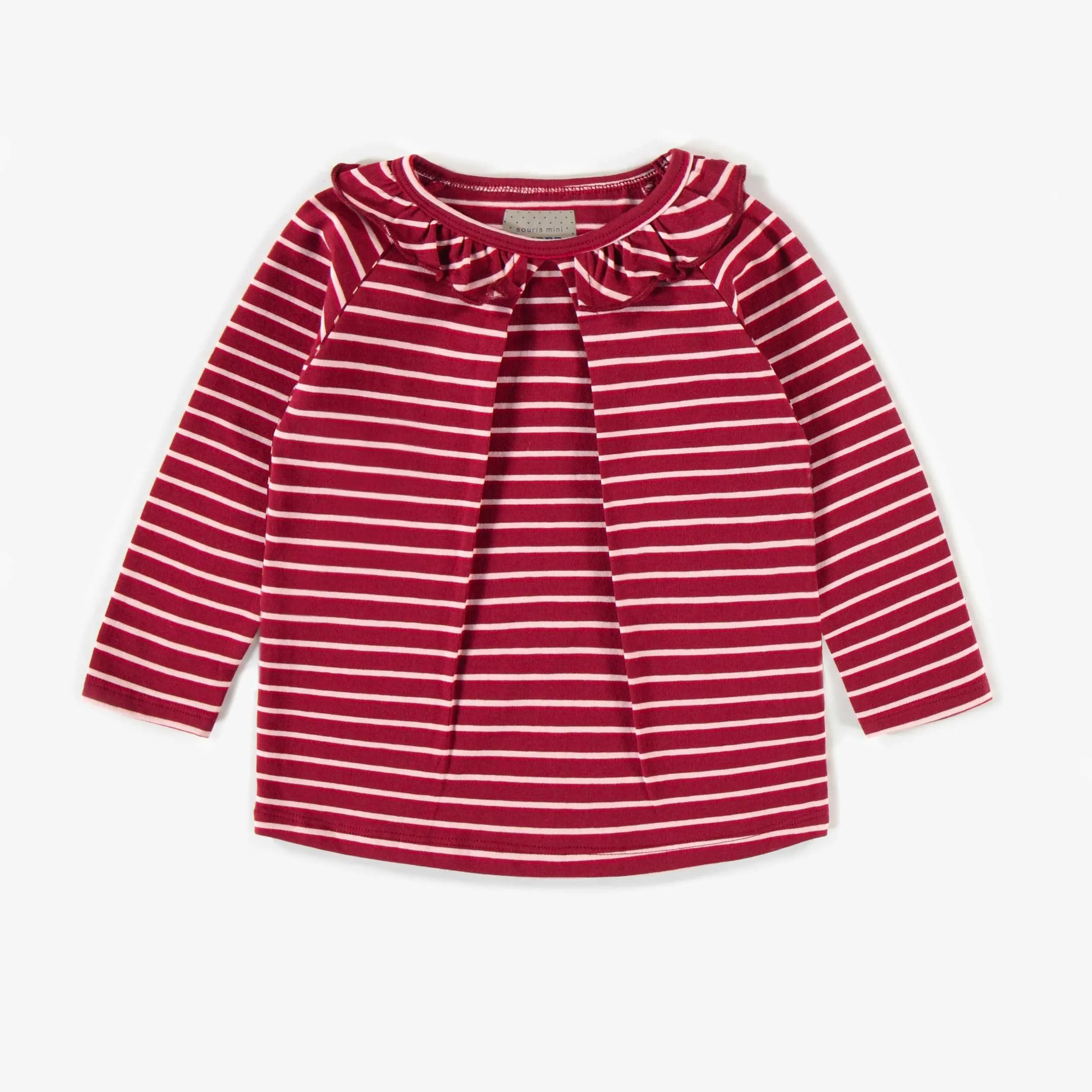 T-shirt rouge ligné à col Claudine, bébé || Red striped T-shirt with Claudine collar, baby