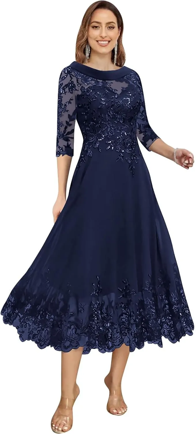 Tea Length Chiffon Mother of The Bride Dresses for Wedding Lace Applique Sequins A Line Formal Evening Gown