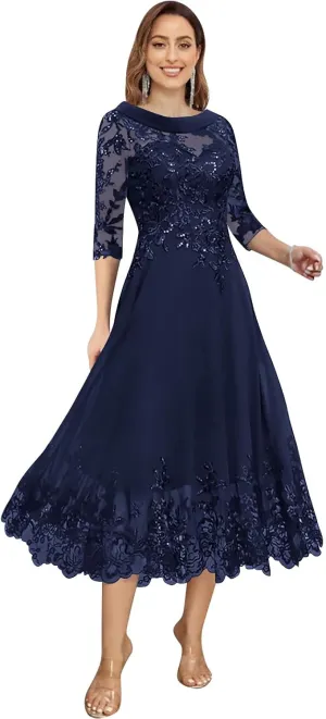 Tea Length Chiffon Mother of The Bride Dresses for Wedding Lace Applique Sequins A Line Formal Evening Gown
