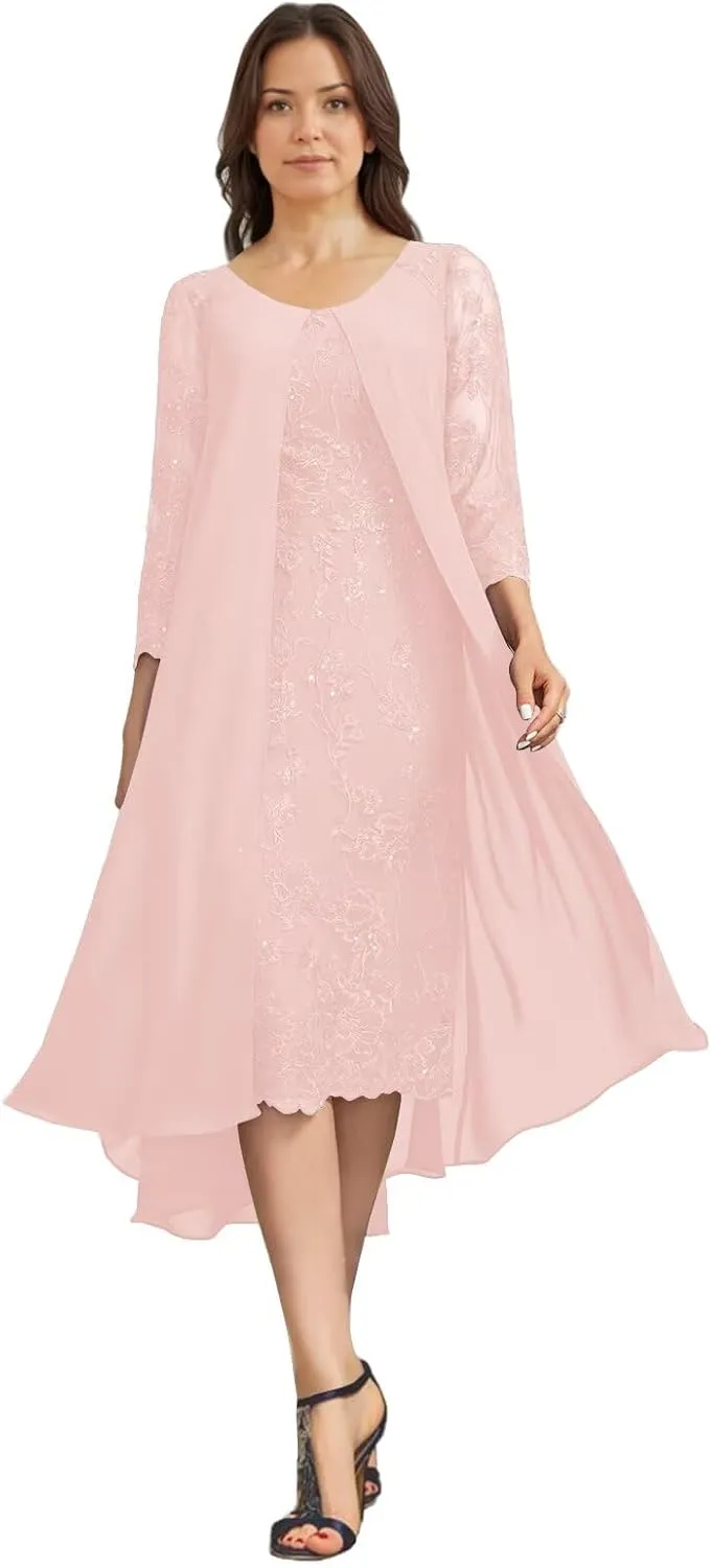 Tea Length Mother of The Bride Dresses Laces Appliques Chiffon Formal Evening Prom Dress Mother Groom Dress