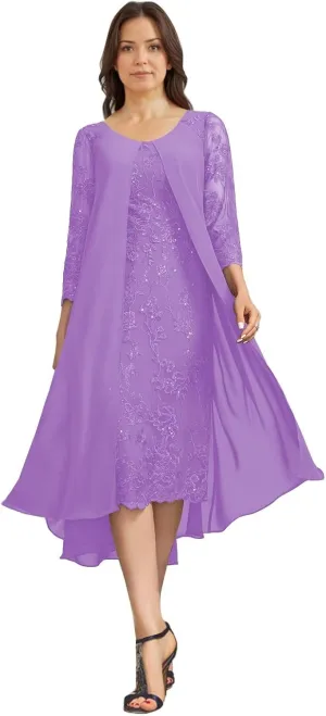 Tea Length Mother of The Bride Dresses Laces Appliques Chiffon Formal Evening Prom Dress Mother Groom Dress