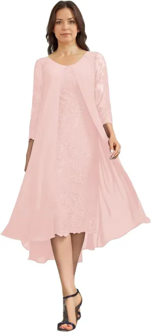 Tea Length Mother of The Bride Dresses Laces Appliques Chiffon Formal Evening Prom Dress Mother Groom Dress